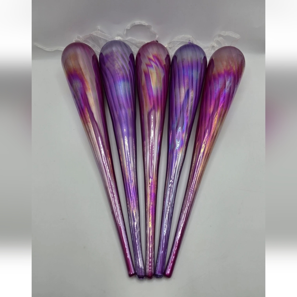Vintage Glass Long Tear Drop Large Ornament Irridescent Pink Purple Set